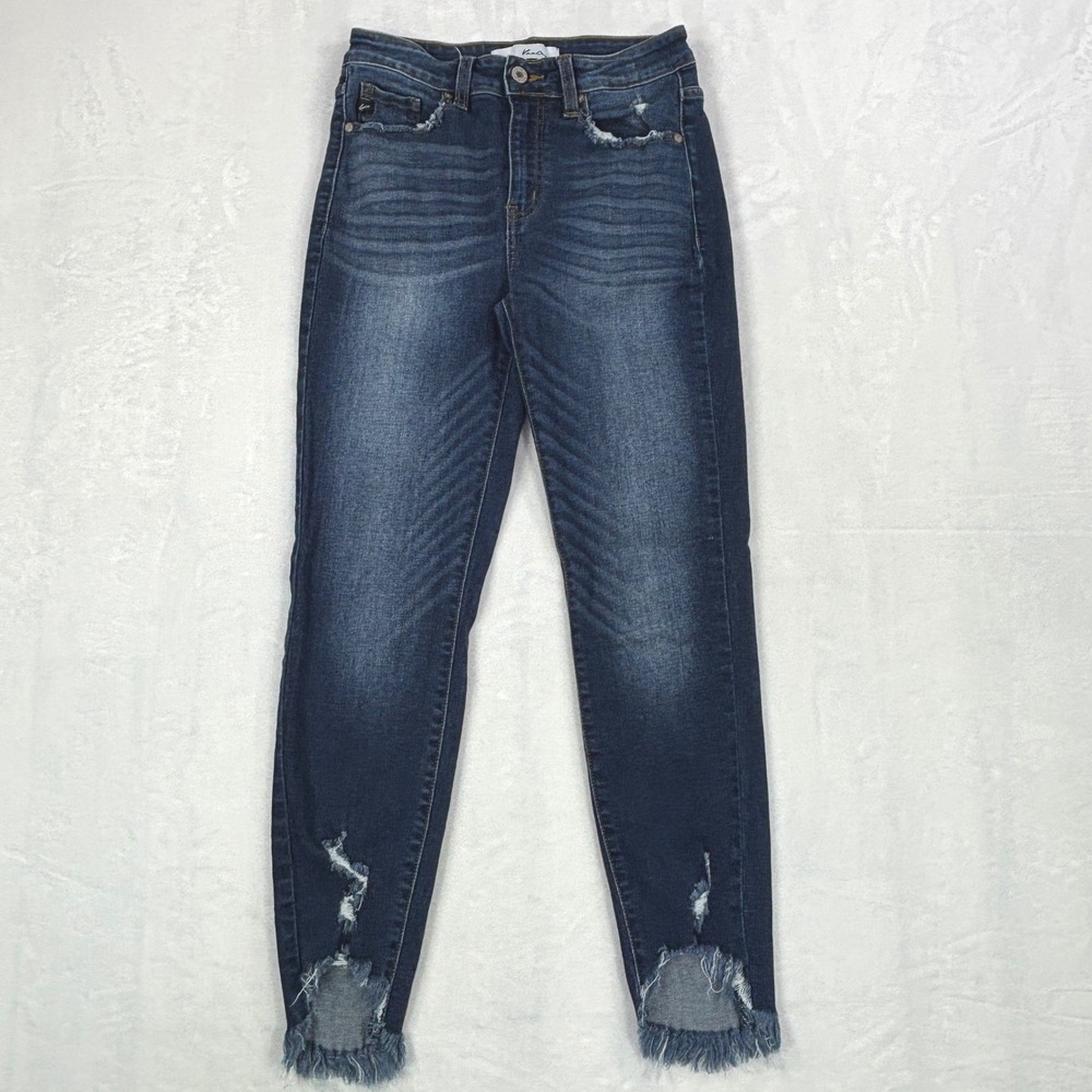 Kancan Women Dark Wash High Rise Raw Hi-Low Hem Distressed Skinny Jeans Sz 7/27